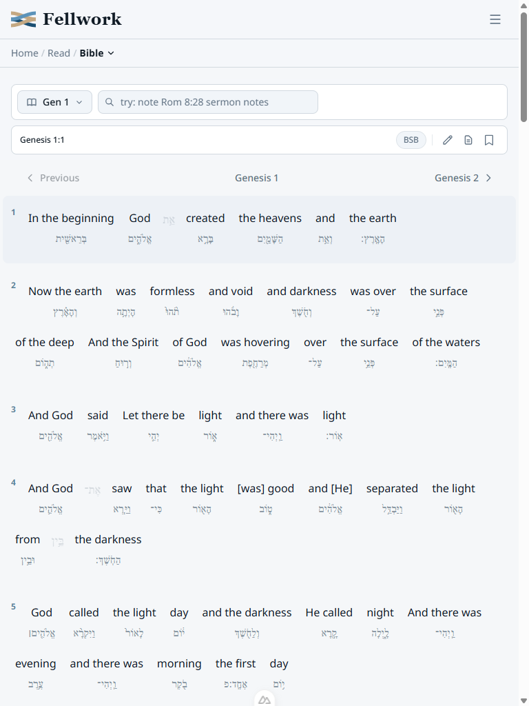 Fellwork interlinear reader showing Genesis 1:1 with Hebrew text